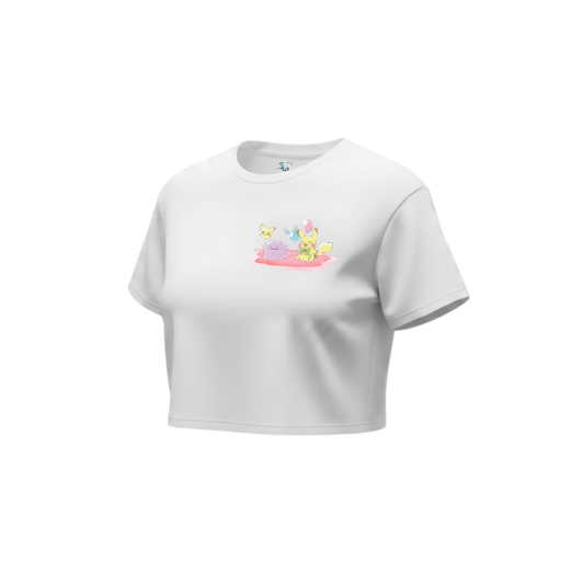 Ditto and Pikachu crop tee, front view, showing colorful Ditto and Pikachu graphic design