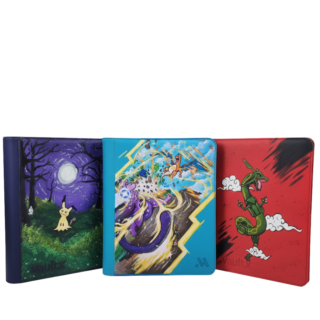 Custom Pokémon character display case and binder collection by 5/14 Apparel — Mewtwo, Rayquaza, Mimikyu