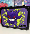 Front view of custom hand-painted Gengar limited quantity 3-row slab case — purple Gengar with red eyes and neon green ghost energy on deep purple background, freehand acrylic artwork by 5/14 Apparel
