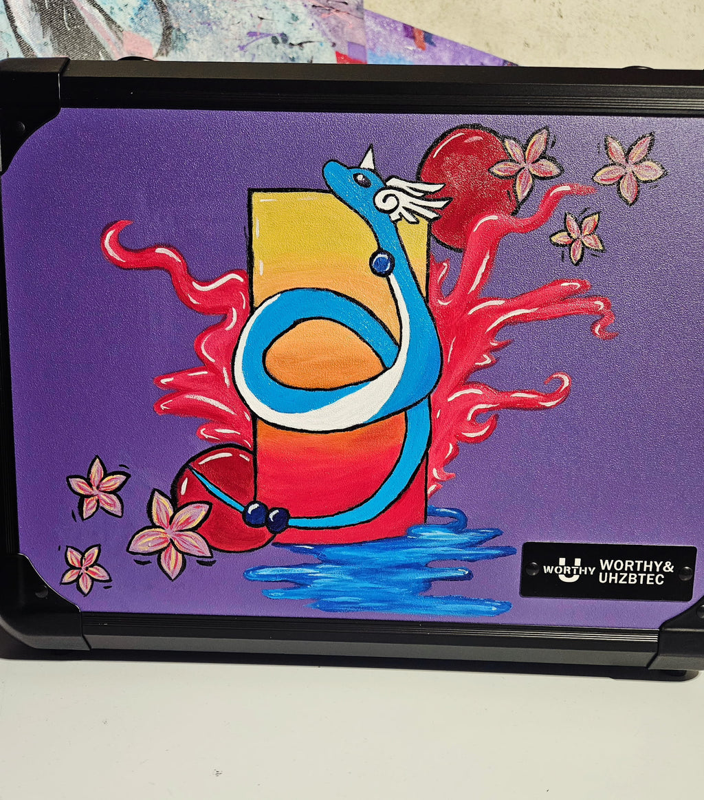 Front view of custom hand-painted Dragonair Pokemon slab case — purple 3-row case with Dragonair and cherry blossom acrylic artwork, sealed with UV and scratch-resistant coating by 5/14 Apparel