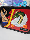 Front view of custom hand-painted Dragon Ball Z 3-row slab case — bold DBZ character acrylic artwork on black background, freehand hand-painted by 5/14 Apparel, sealed with UV and scratch-resistant coating