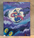 5/14 Apparel hand-painted Greninja canvas art — Greninja leaping through full moon and purple storm clouds with Froakie below in acrylic paint, original one-of-one Pokemon canvas painting