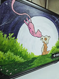 Close-up of hand-painted Cubone and Mew artwork on custom orange 3-row slab case — moonlit night scene with green foliage, acrylic on slab case by 5/14 Apparel
