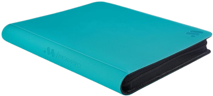Angled view of MORABTO Aqua toploader binder for Pokemon cards — holds standard toploaders, 9 pocket 324 card 4 pocket 128 card premium PU leather exterior with zipper closure by 5/14 Apparel