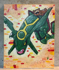 5/14 Apparel hand-painted Rayquaza canvas art — Rayquaza coiling through blue and purple storm clouds in acrylic paint, original one-of-one Pokemon canvas painting