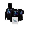 5/14 Apparel custom art and apparel package showing black hoodie, long sleeve, and two tees with 5/14 Apparel logo print alongside a custom canvas — made to order bundle.