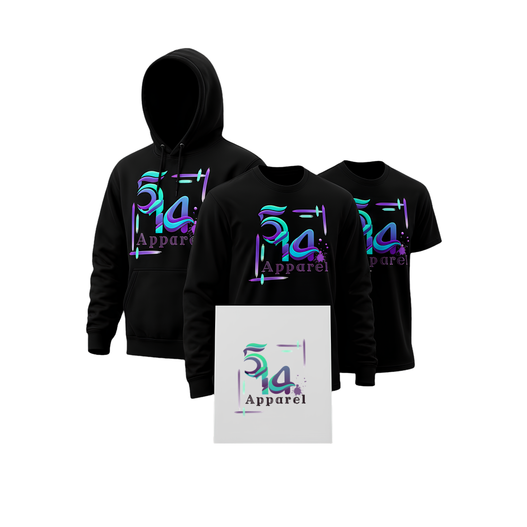 5/14 Apparel custom art and apparel package showing black hoodie, long sleeve, and two tees with 5/14 Apparel logo print alongside a custom canvas — made to order bundle.