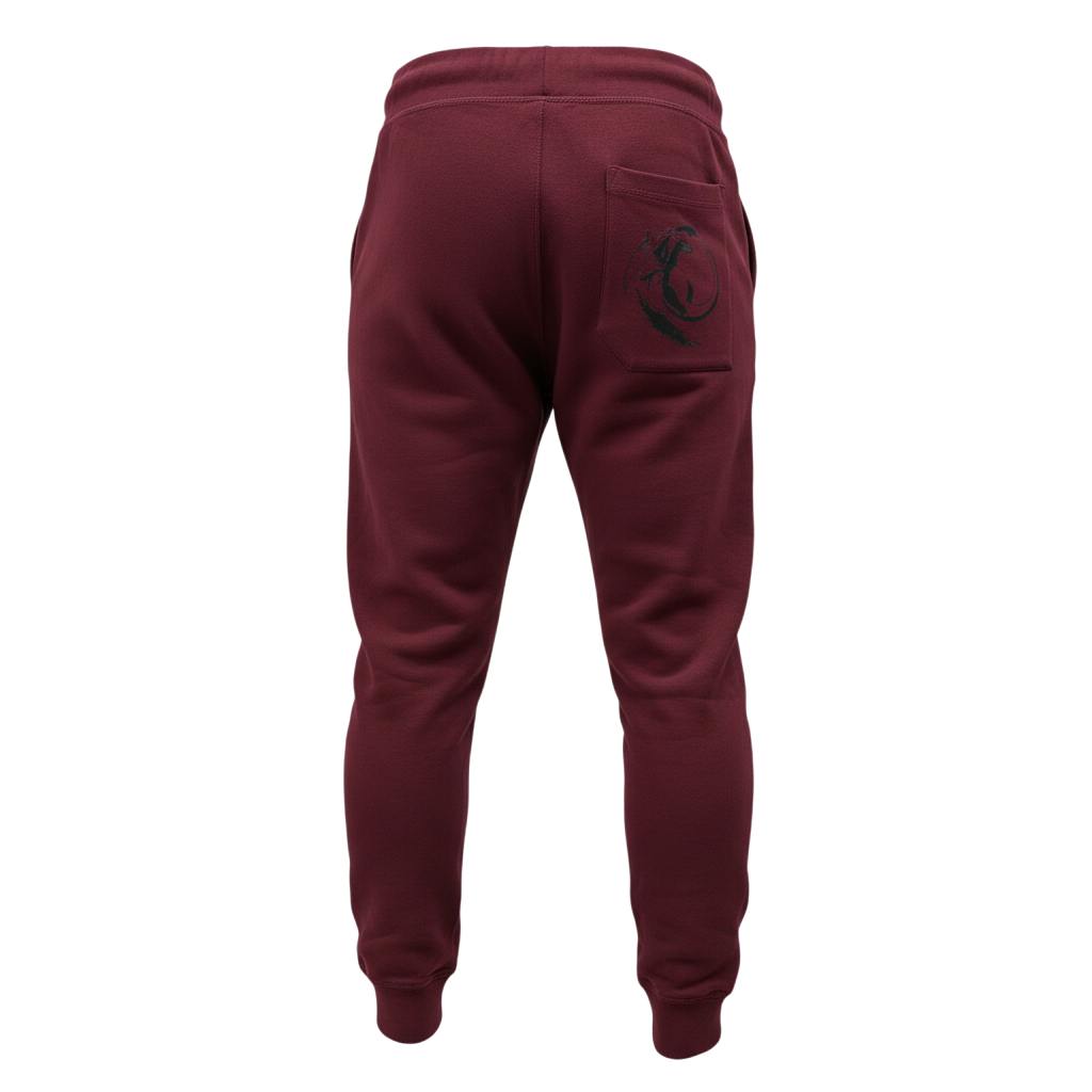 Back view of 5/14 Apparel Charizard burgundy sweatpants — Charizard graphic on back pocket, premium Pokemon joggers by 5/14 Apparel