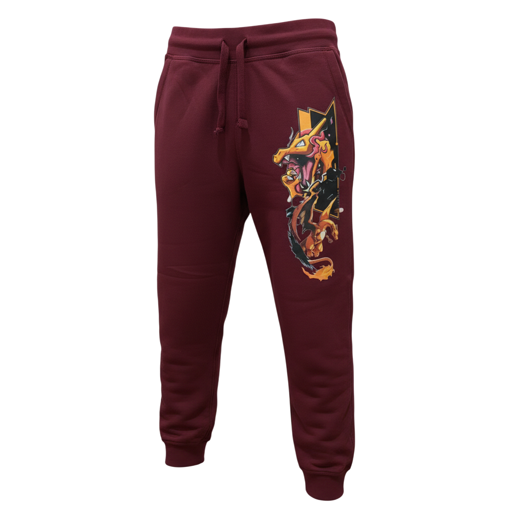 Front view of 5/14 Apparel Charizard burgundy sweatpants — Charizard graphic on left thigh, premium Pokemon joggers by 5/14 Apparel