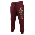 Front view of 5/14 Apparel Charizard burgundy sweatpants — Charizard graphic on left thigh, premium Pokemon joggers by 5/14 Apparel