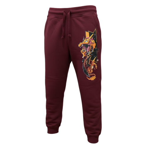 Front view of 5/14 Apparel Charizard burgundy sweatpants — Charizard graphic on left thigh, premium Pokemon joggers by 5/14 Apparel