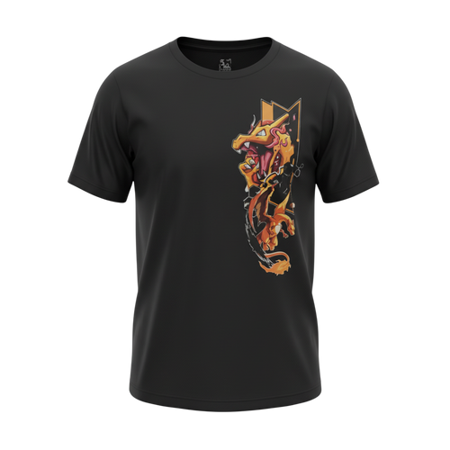 Front view of 5/14 Apparel Charizard black tee — Charmander, Charmeleon, and Charizard evolution vertical graphic on left chest with orange geometric frame, premium Pokemon graphic tee