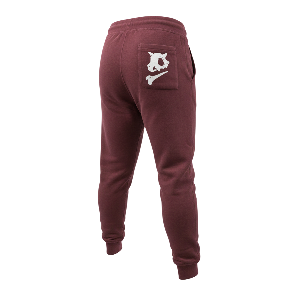 Back view of 5/14 Apparel Cubone burgundy sweatpants — Cubone skull graphic on back pocket, premium Pokemon joggers by 5/14 Apparel