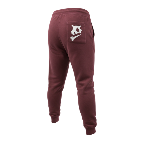 Back view of 5/14 Apparel Cubone burgundy sweatpants — Cubone skull graphic on back pocket, premium Pokemon joggers by 5/14 Apparel