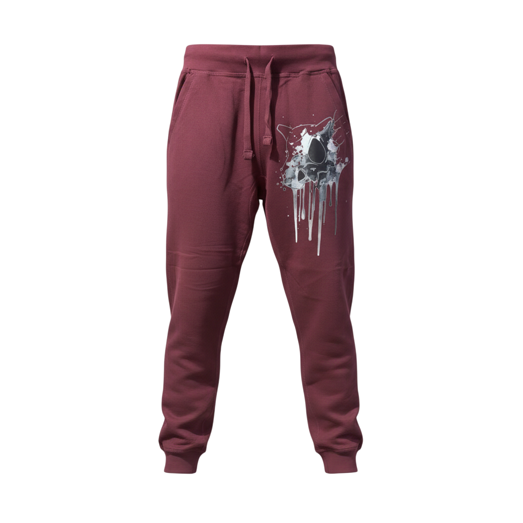 Front view of 5/14 Apparel Cubone burgundy sweatpants — Cubone skull drip graphic on left thigh, premium Pokemon joggers by 5/14 Apparel