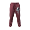 Front view of 5/14 Apparel Cubone burgundy sweatpants — Cubone skull drip graphic on left thigh, premium Pokemon joggers by 5/14 Apparel