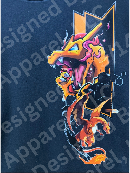 Close-up of Charizard evolution graphic on black tee — Charmander, Charmeleon, and Charizard stacked in orange geometric frame with hexagon details design by 5/14 Apparel