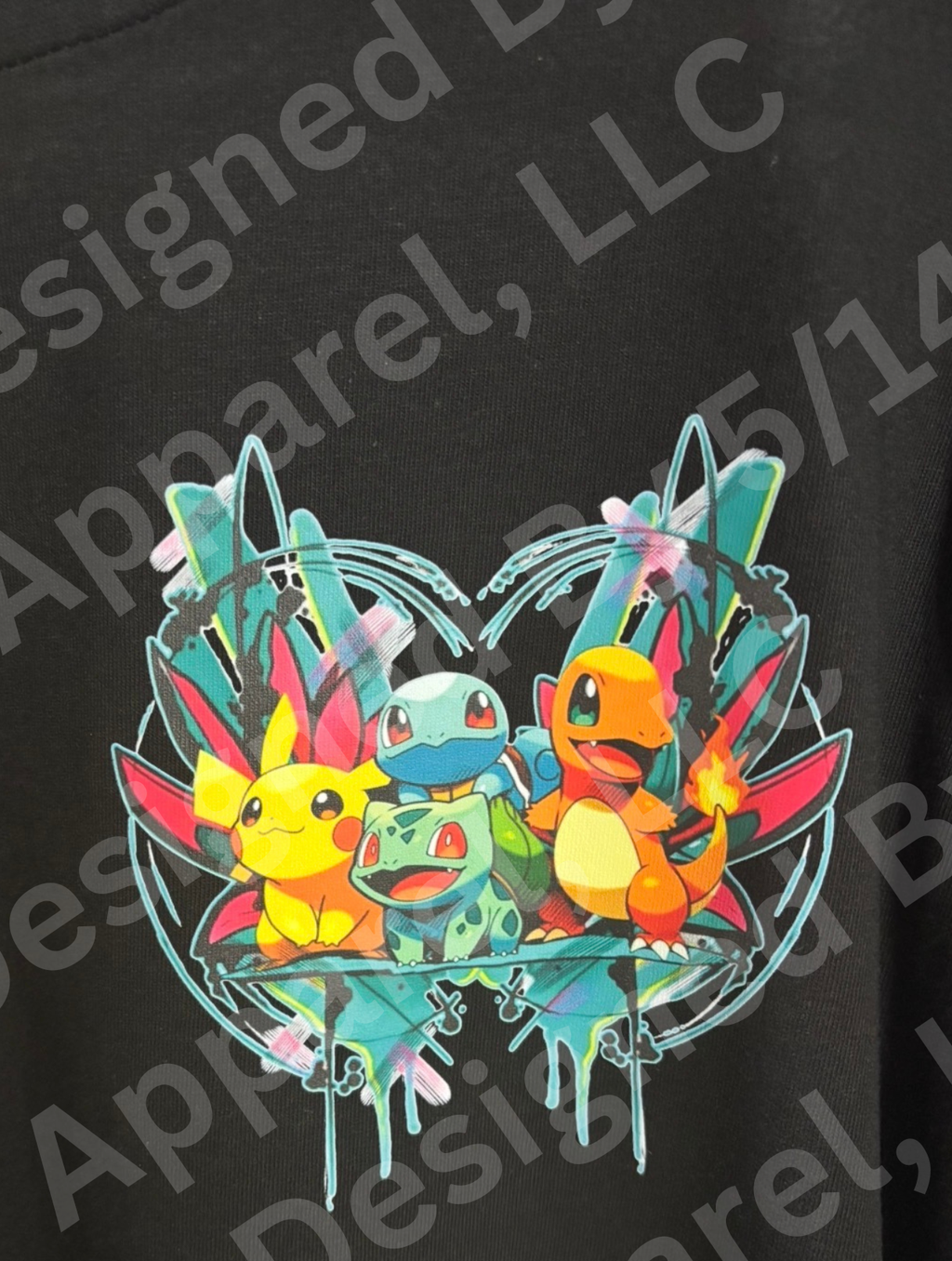 Close-up of STARTERS graphic on black long sleeve — Bulbasaur, Charmander, and Squirtle design by 5/14 Apparel