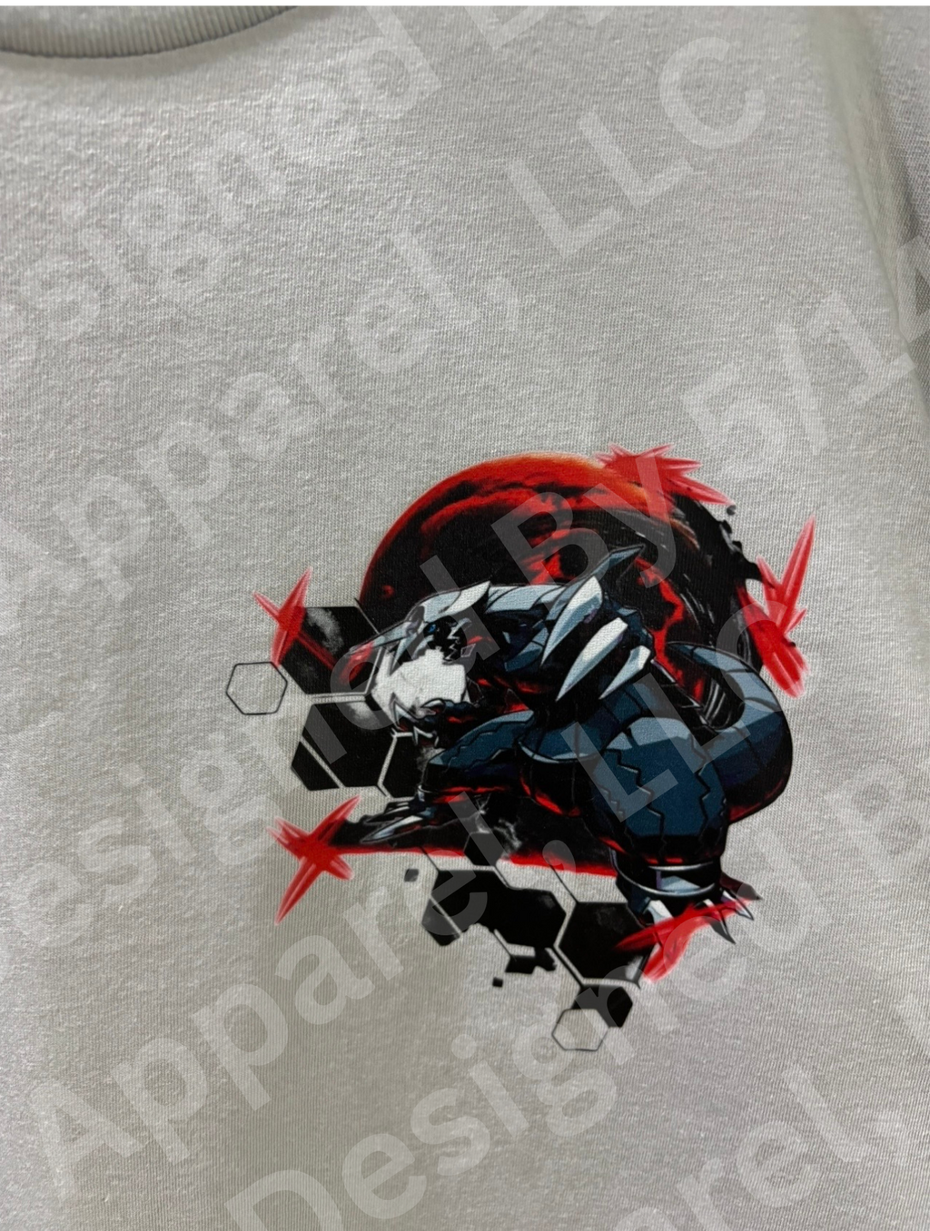 Close-up of Mega Aggron graphic on gray tee — Mega Aggron in red blood moon with black hexagon geometric design by 5/14 Apparel