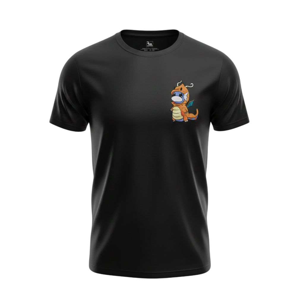 Front view of 5/14 Apparel Dratini Poncho black tee — dratini wearing Dragonite poncho costume small chest graphic, premium Pokemon graphic tee