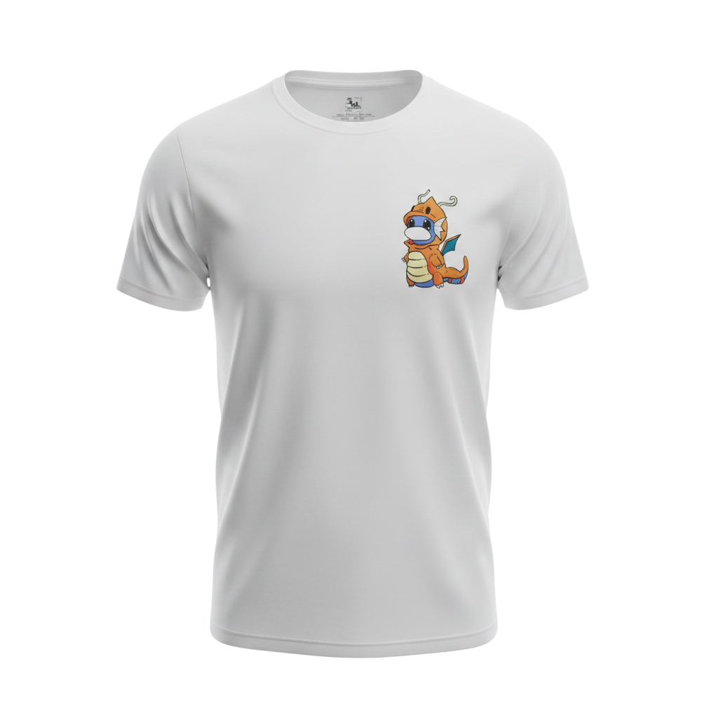 Front view of 5/14 Apparel Dratini Poncho white tee — dratini wearing Dragonite poncho costume small chest graphic, premium Pokemon graphic tee