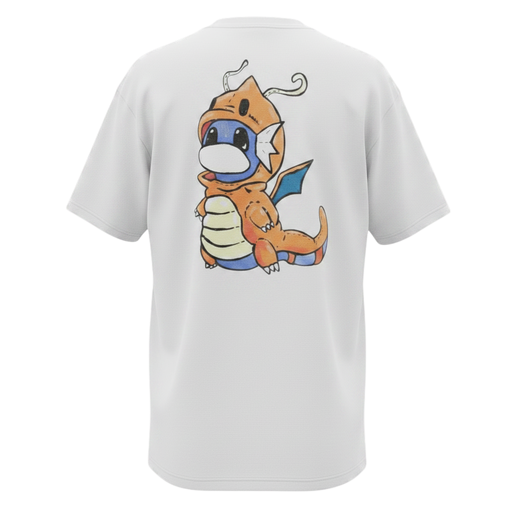 Back view of 5/14 Apparel Dratini Poncho white tee — dratini wearing Dragonite poncho costume large back graphic, premium Pokemon graphic tee