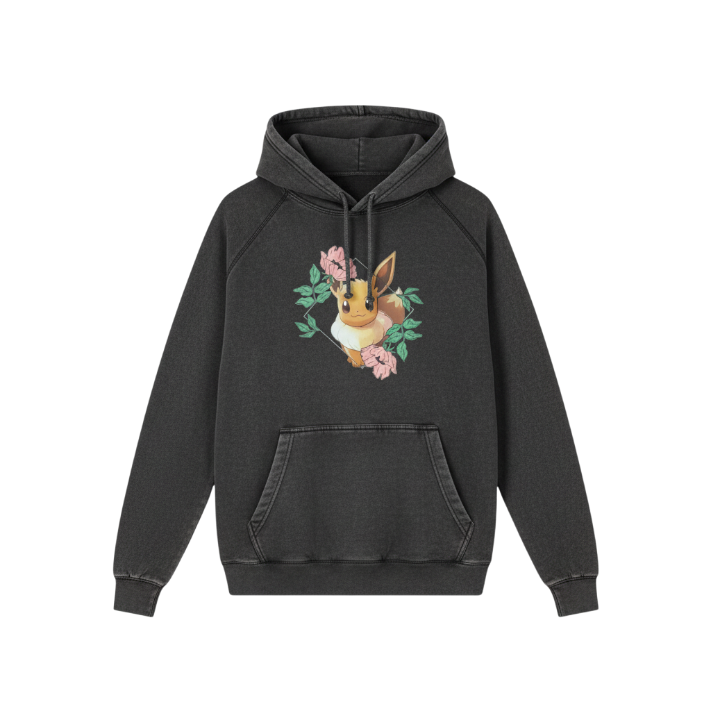 Front view of 5/14 Apparel Eevee mineral wash black hoodie — Eevee graphic on chest, premium vintage wash Pokemon hoodie
