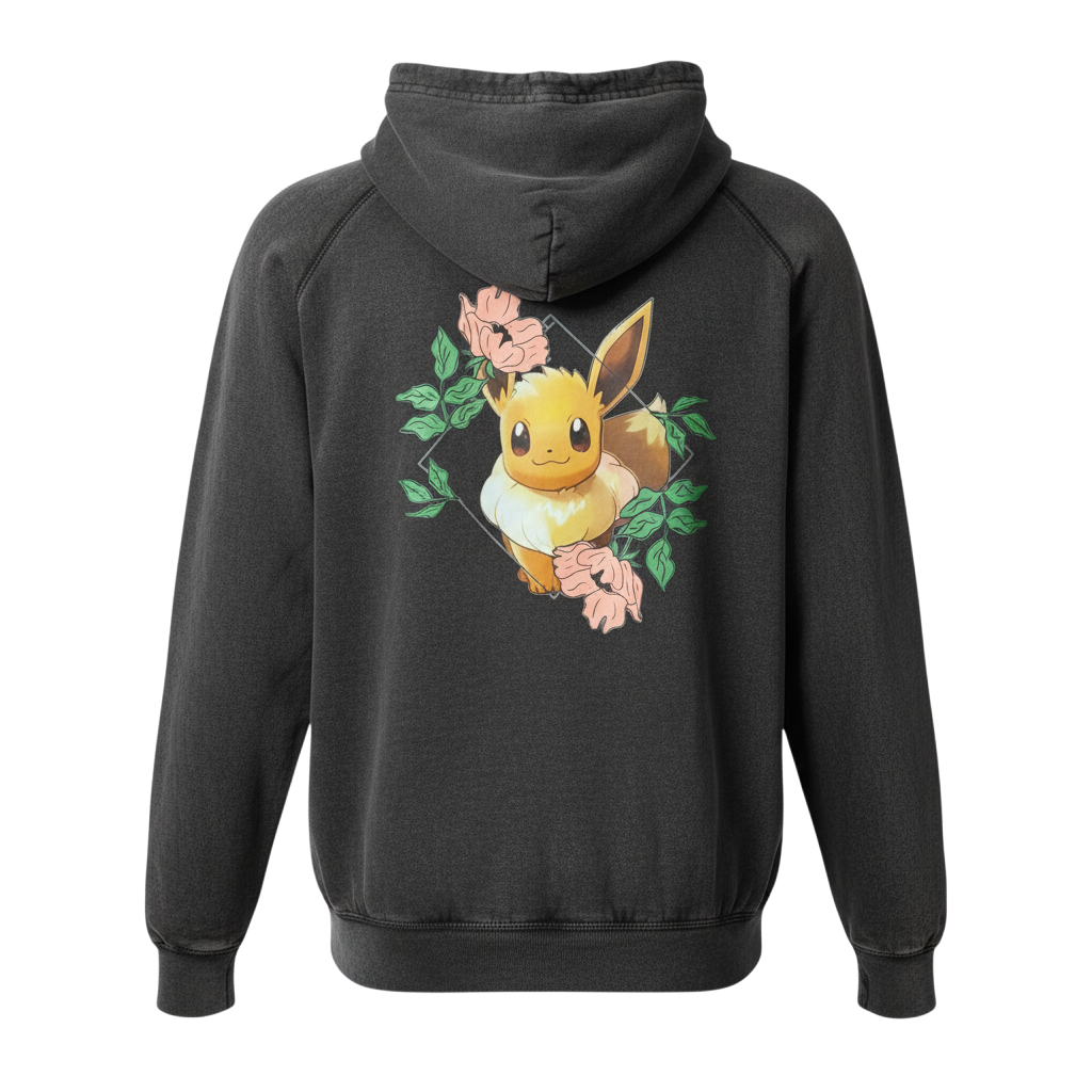 Close-up of Eevee graphic on mineral wash black hoodie — original Pokemon design by 5/14 Apparel