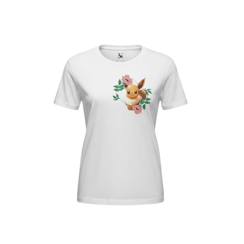 Front view of 5/14 Apparel Eevee white tee — Eevee with floral wreath graphic on left chest, premium Pokemon graphic tee