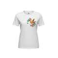 Front view of 5/14 Apparel Eevee white tee — Eevee with floral wreath graphic on left chest, premium Pokemon graphic tee