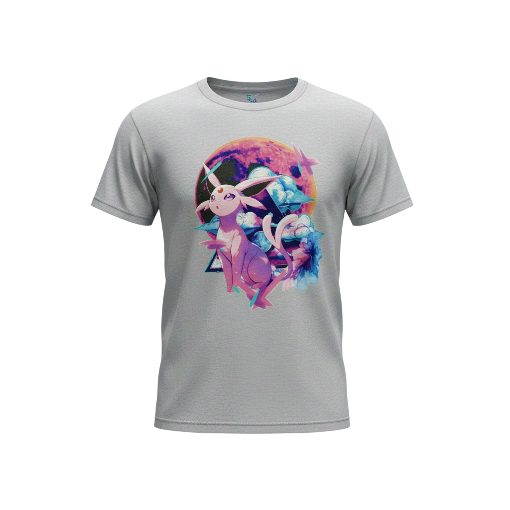 Front view of 5/14 Apparel Espeon gray tee — Espeon with celestial moon and stars graphic on left chest, premium Pokemon graphic tee