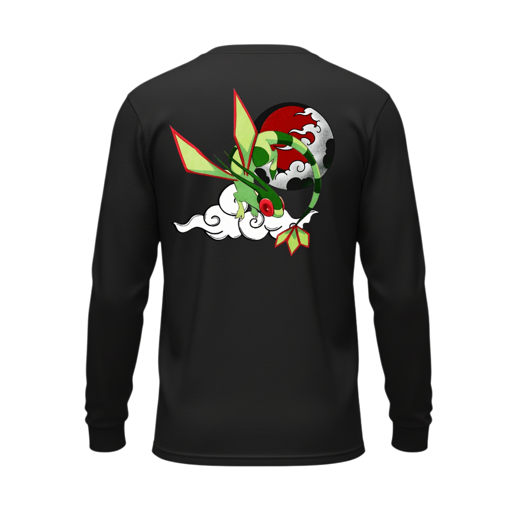 5/14 Apparel Flygon Rising Sun long sleeve — Flygon flying in front of a red rising sun with clouds, Japanese art style back print on black unisex long sleeve