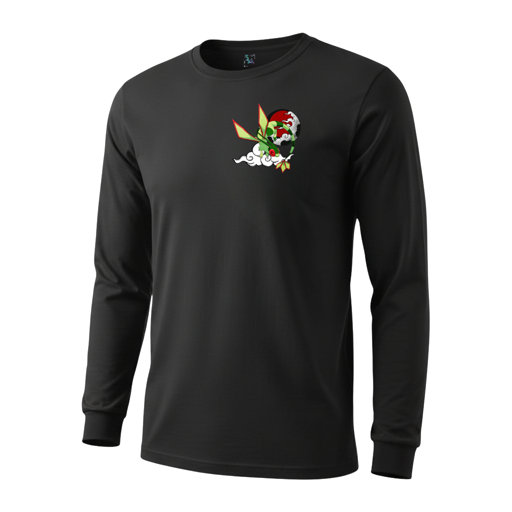 5/14 Apparel Flygon Rising Sun long sleeve — Flygon flying in front of a red rising sun with clouds, Japanese art style front print on black unisex long sleeve
