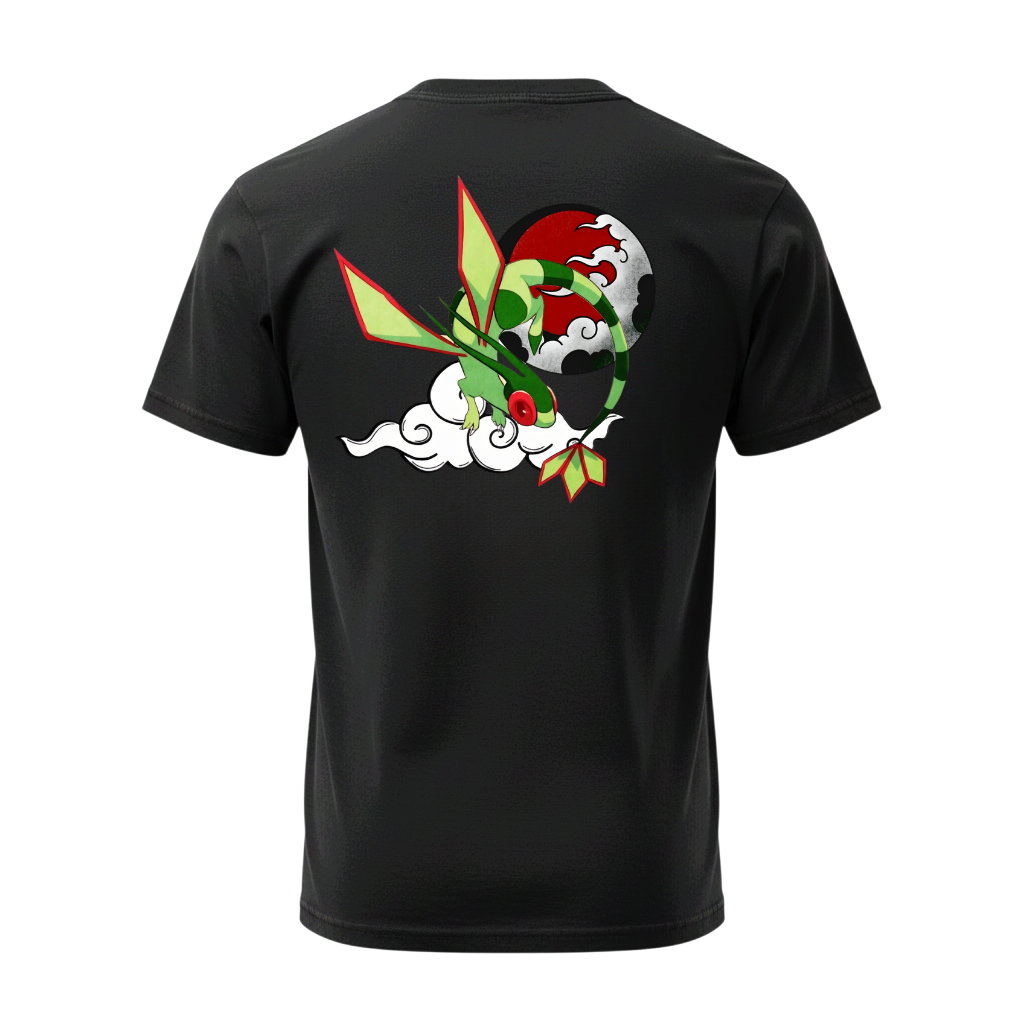 5/14 Apparel Flygon Rising Sun TEE — Flygon flying in front of a red rising sun with clouds, Japanese art style back print on black unisex tee