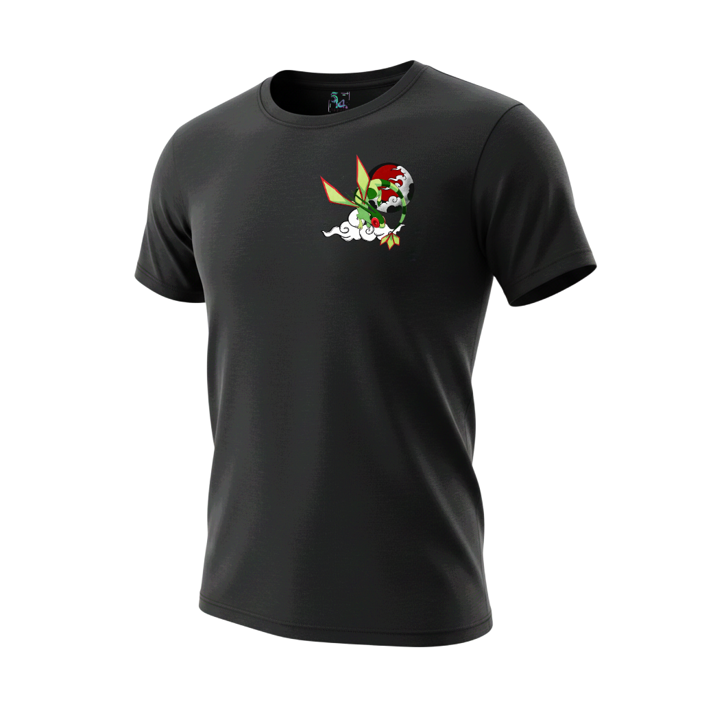 5/14 Apparel Flygon Rising Sun TEE — Flygon flying in front of a red rising sun with clouds, Japanese art style front chest print on black unisex tee