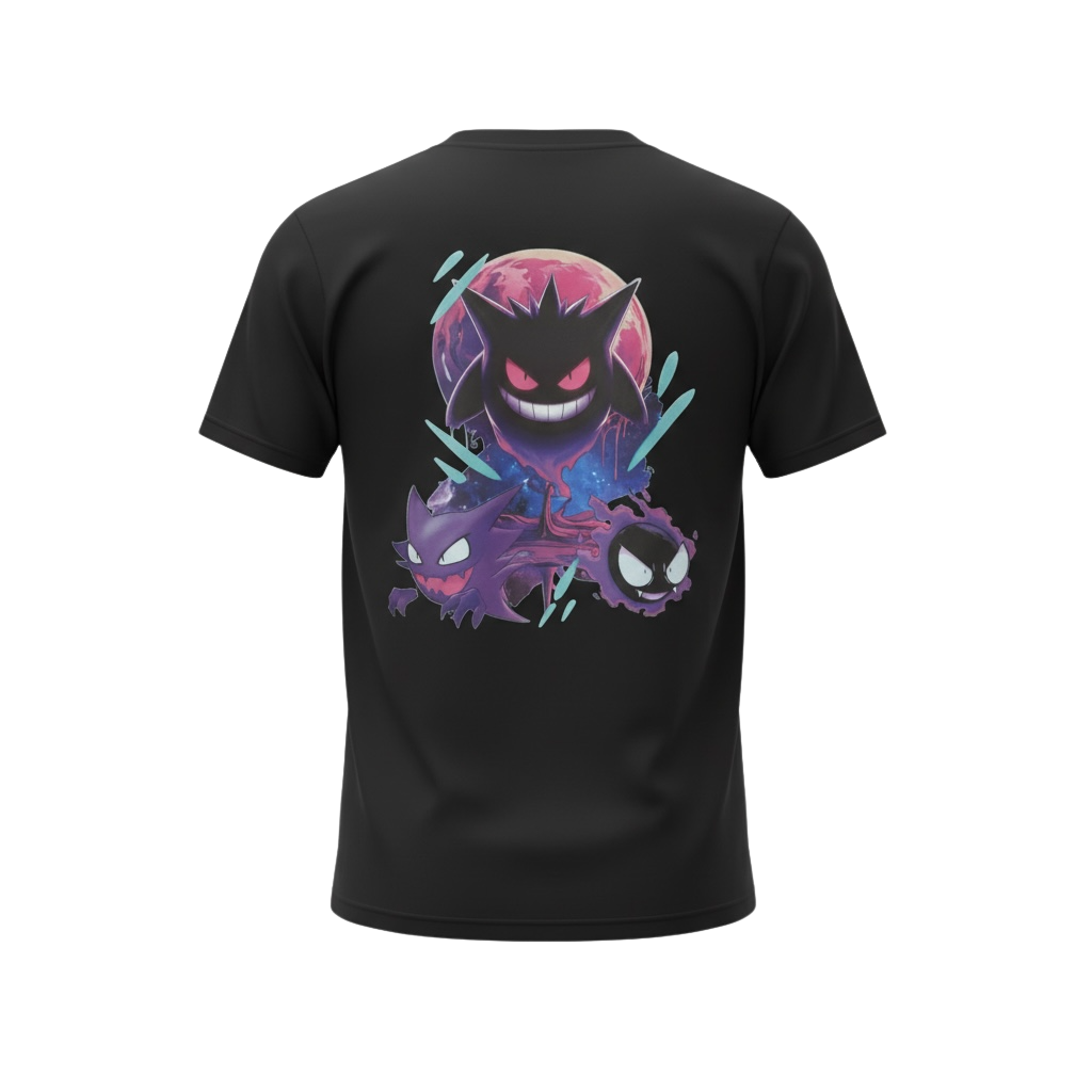Back view of 5/14 Apparel Gengar Evolution black tee — Gastly, Haunter, and Gengar under blood moon full back graphic, premium Pokemon graphic tee