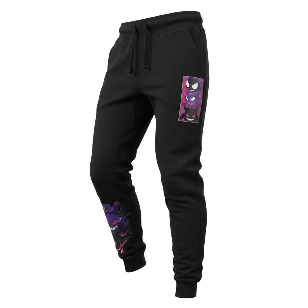 Front view of 5/14 Apparel Gengar black sweatpants — Gengar evolution line graphic on front pocket and Gengar graphic on left ankle, premium Pokemon joggers by 5/14 Apparel