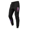 Front view of 5/14 Apparel Gengar black sweatpants — Gengar evolution line graphic on front pocket and Gengar graphic on left ankle, premium Pokemon joggers by 5/14 Apparel