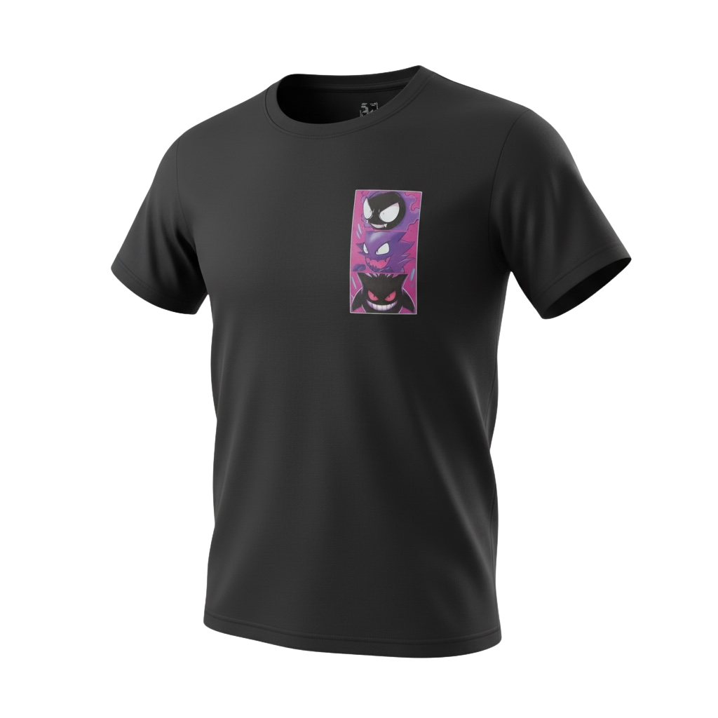 Angled front view of 5/14 Apparel Gengar Evolution black tee — Gastly, Haunter, and Gengar stacked panel graphic on left chest, premium Pokemon graphic tee
