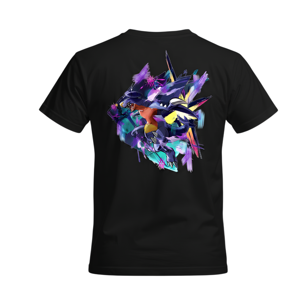 Black Gible and Garchomp graphic tee, back view, featuring colorful Gible and Garchomp artwork