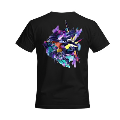 Black Gible and Garchomp graphic tee, back view, featuring colorful Gible and Garchomp artwork