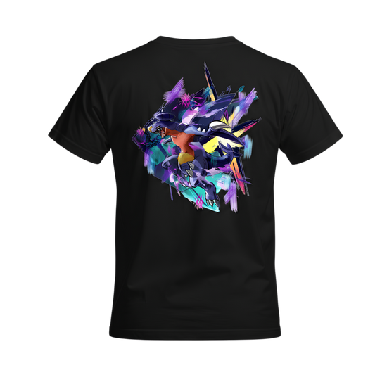 Black Gible and Garchomp graphic tee, back view, featuring colorful Gible and Garchomp artwork