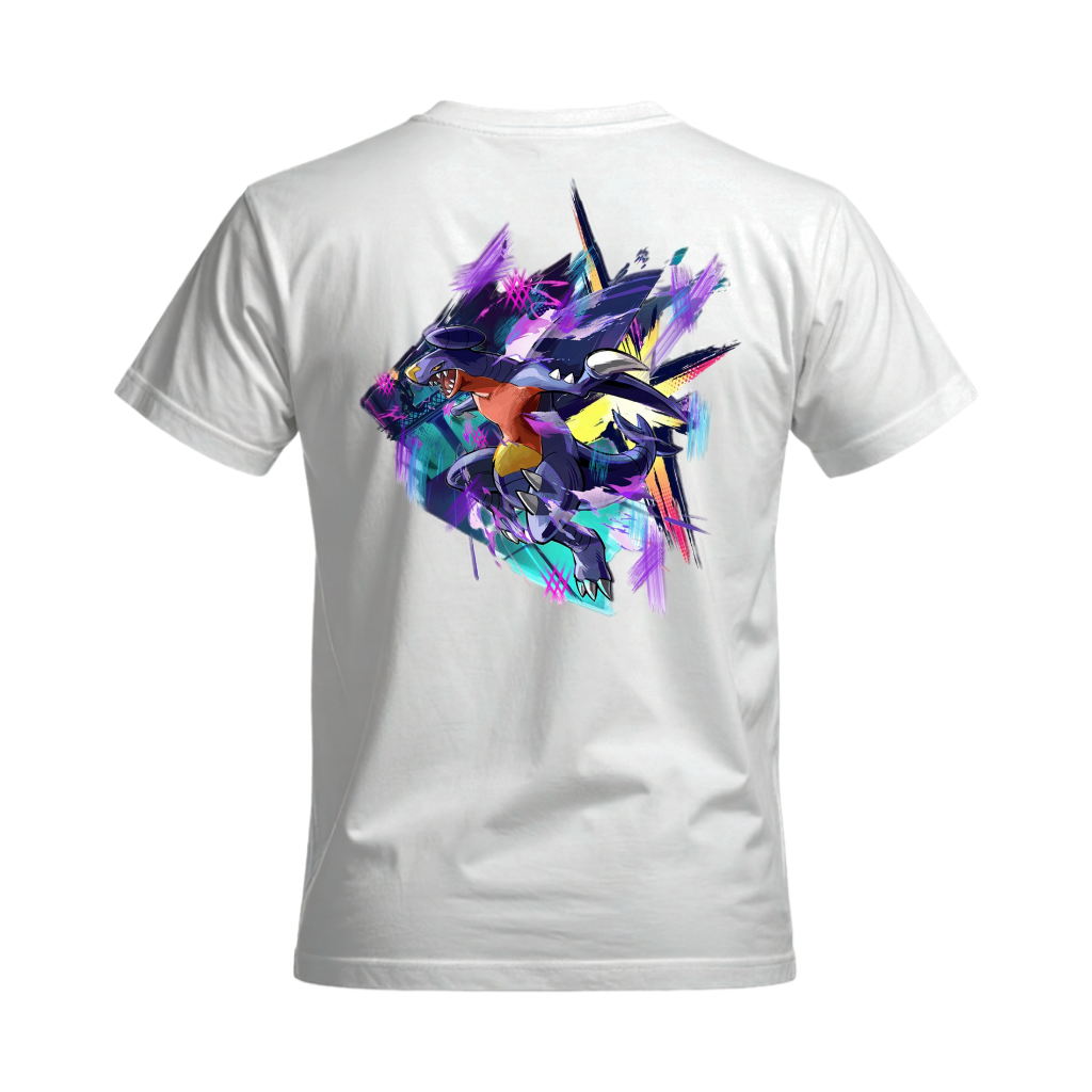White Gible and Garchomp graphic tee, back view, featuring colorful Gible and Garchomp artwork