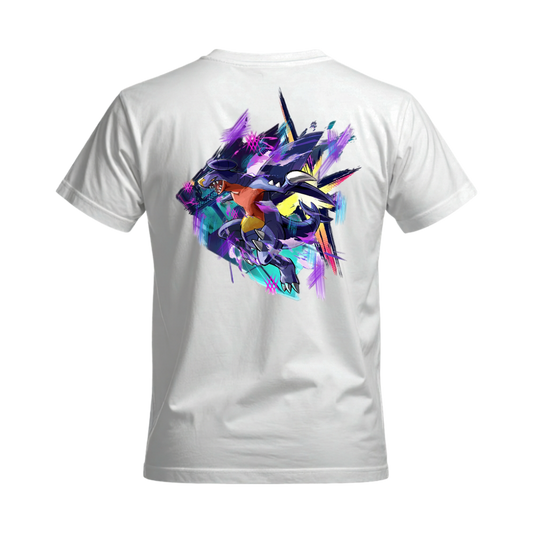 White Gible and Garchomp graphic tee, back view, featuring colorful Gible and Garchomp artwork
