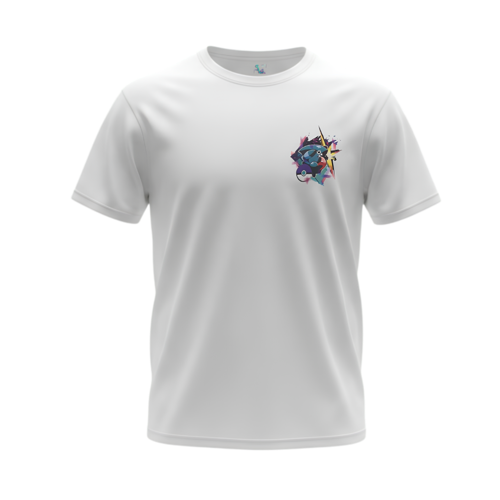 White Gible and Garchomp graphic tee shown from the front, highlighting the regular unisex fit
