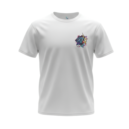 White Gible and Garchomp graphic tee shown from the front, highlighting the regular unisex fit
