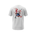 Back view of 5/14 Apparel Greninja white tee — Greninja in dynamic battle pose with red flame tongue and water shuriken back graphic, premium Pokemon graphic tee