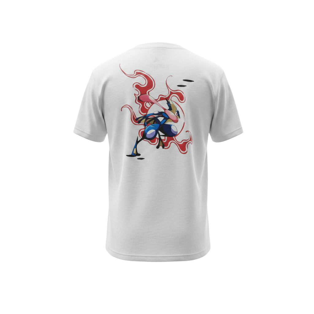 Back view of 5/14 Apparel Greninja white tee — Greninja in dynamic battle pose with red flame tongue and water shuriken back graphic, premium Pokemon graphic tee
