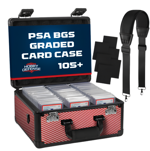 Open Hobby Defense red carbon fiber graded card case showing 3 rows of PSA BGS slabs with shoulder strap and foam dividers — 105+ slab capacity