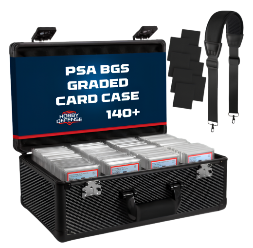 Open Hobby Defense 4-row black graded card case filled with PSA BGS slabs — 140+ capacity with shoulder strap and foam dividers